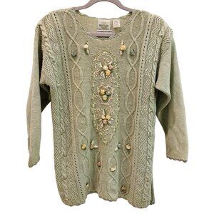 Vtg Womens Cable Knit Sweater Embroidered 3D Floral Pullover Granny Cottagecore